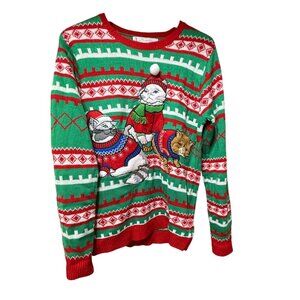 Jolly Sweaters Christmas Cat Ugly Sweater With Festive Knit Patterns & Pom Pom D